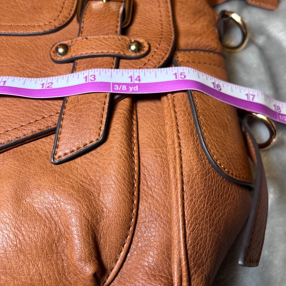 Vintage Style Tan Faux Leather Satchel Bag Plaid Lining Handle Shoulder Strap - Picture 10 of 13